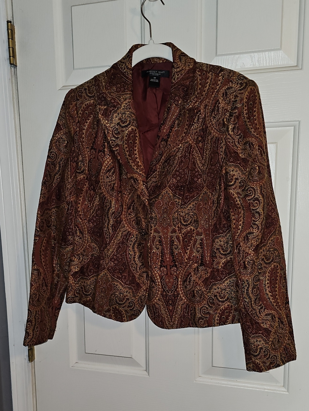 August Silk Brocade Paisley Blazer in Burgundy with Gold and Brown Accents